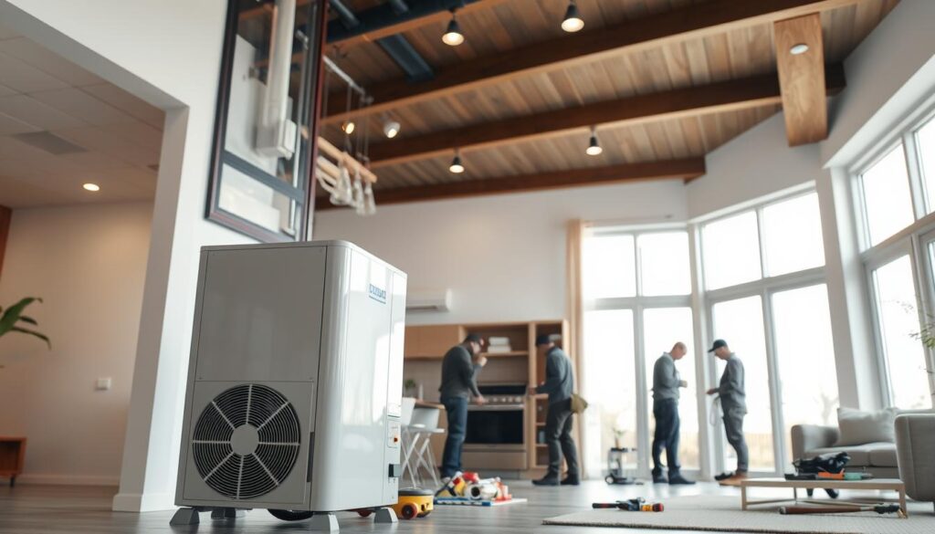A well-lit, meticulously detailed interior scene depicting the installation of a modern, energy-efficient heat pump system in a residential setting. The foreground showcases the heat pump unit, its sleek design and prominent placement showcasing its role as the central focus. The middle ground features technicians diligently working on the installation, their tools and equipment neatly organized. The background depicts the surrounding space, with clean, minimalist furnishings and ample natural light flooding the room through large windows, creating a bright, airy atmosphere. The overall composition conveys a sense of professionalism, efficiency, and a commitment to sustainable home energy solutions.