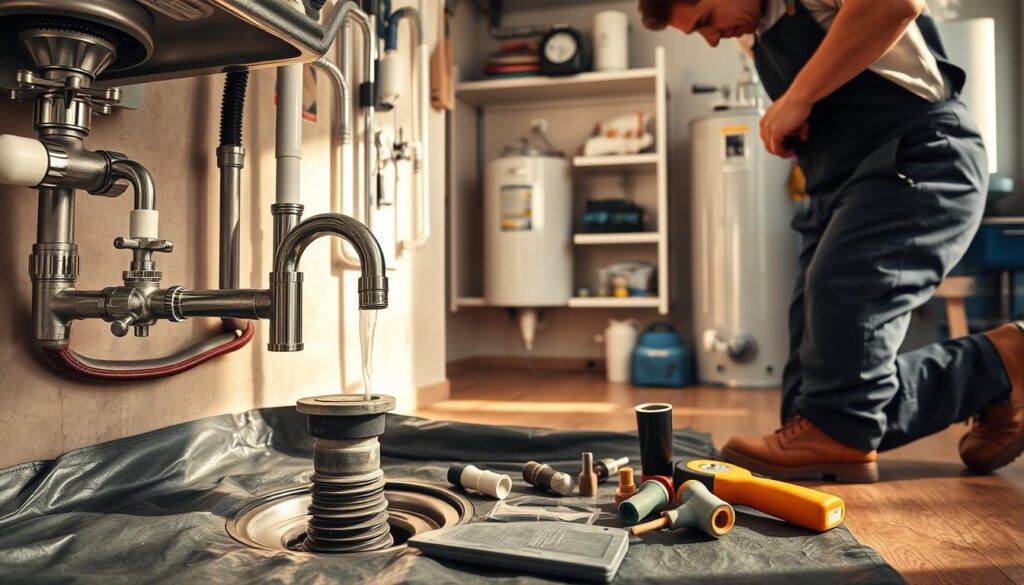 A well-lit, meticulously detailed scene depicting a plumbing maintenance routine. In the foreground, a plumber in overalls carefully examines a sink drain, various tools neatly organized on a tarp. The middle ground features a set of clean, modern plumbing fixtures - faucets, pipes, and connections - all in pristine condition. The background showcases a tidy, organized utility room with shelves of plumbing supplies, a water heater, and other maintenance equipment. Natural lighting filters in, casting warm shadows and highlighting the professional, diligent nature of the preventative work. The overall atmosphere conveys a sense of proactive care, efficiency, and the importance of regular plumbing maintenance.