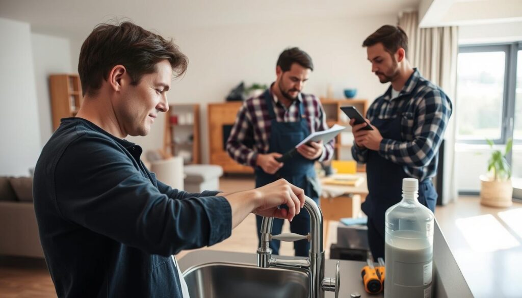 A well-lit, modern apartment interior, with a tenant in the foreground carefully examining a leaky faucet. In the middle ground, a landlord and a plumber discuss the required repair work, with tools and supplies visible. The background showcases the rest of the living space, highlighting the need to maintain the property while minimizing disruption to the tenant's daily life. The scene conveys a sense of collaboration and a shared responsibility to address the plumbing issue promptly and efficiently.