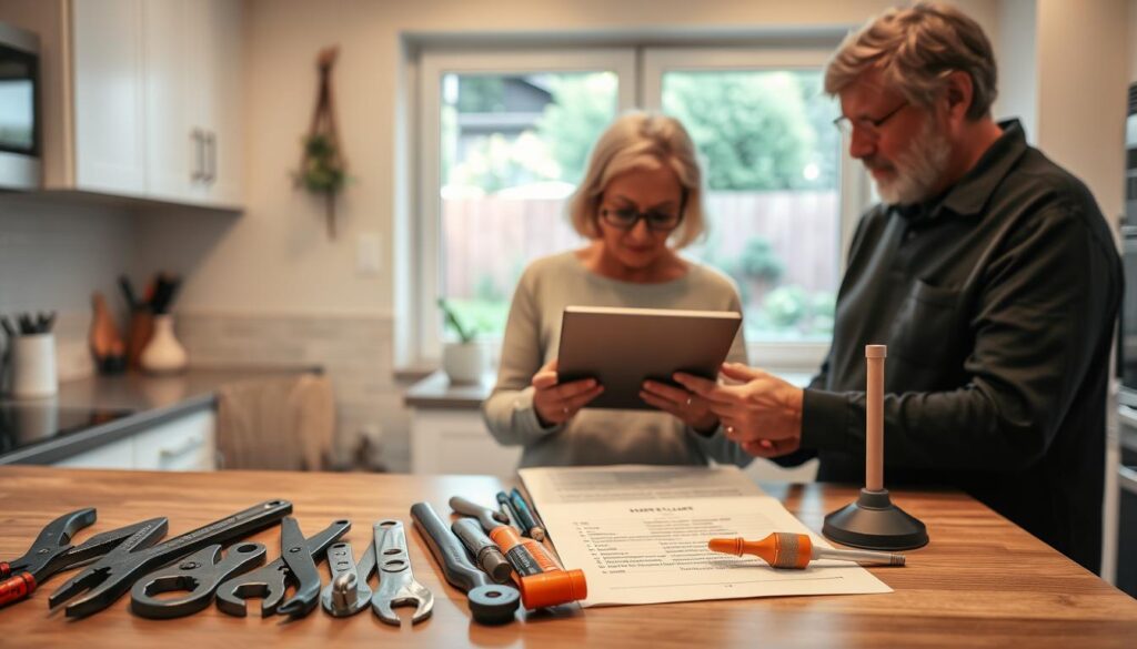 A well-lit, modern kitchen interior with an elderly person and their caregiver reviewing a detailed maintenance checklist. In the foreground, a clear, organized set of tools and supplies - pliers, wrenches, caulk, and a plunger - neatly arranged on the countertop. The middle ground shows the two figures intently studying a tablet, discussing upcoming home maintenance tasks. In the background, a window overlooking a tidy backyard garden, suggesting a sense of security and tranquility. The lighting is warm and inviting, conveying a atmosphere of thoughtful preparation and proactive care.