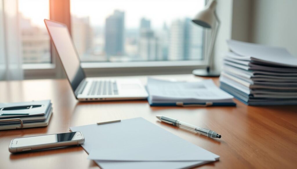 A well-lit office desk with a polished wooden surface, a laptop, a desk lamp, and a neatly organized stack of papers. In the foreground, a pen, a notepad, and a mobile phone are placed, all in focus. The background features a window overlooking a cityscape, with soft, diffused sunlight filtering through. The overall scene conveys a sense of professionalism, efficiency, and preparedness, reflecting the key details one should have ready when contacting an emergency plumber.