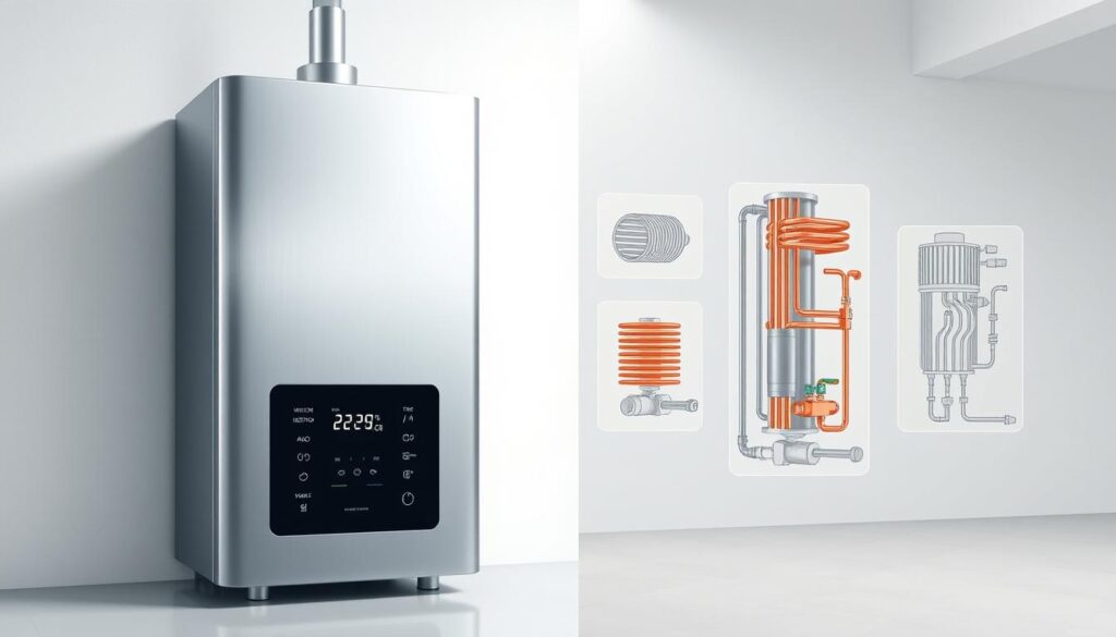 A well-lit, technical illustration showcasing a modern electric hot water system. In the foreground, a high-angle view of a sleek, stainless steel tank with digital temperature controls. In the middle ground, intricate cross-sections reveal the internal components - heating elements, insulation, and safety valves. The background depicts a minimalist, architectural setting with clean lines and neutral tones, emphasizing the system's integration into a modern home environment. Crisp, high-resolution rendering with a subtle sense of depth and scale, conveying the essential details for a safe and compliant hot water installation.