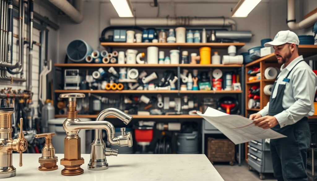 A well-lit workshop filled with neatly organized plumbing parts and tools. In the foreground, several high-quality faucets, valves, and other essential plumbing fixtures stand out against a clean, industrial backdrop. In the middle ground, shelves and cabinets display an array of branded, compliant pipes, fittings, and accessories, meticulously arranged. The lighting casts a warm, professional glow, highlighting the attention to detail and craftsmanship. In the background, a licensed and experienced plumber, dressed in a clean uniform, examines a blueprint, conveying the expertise and reliability required for quality emergency repairs.