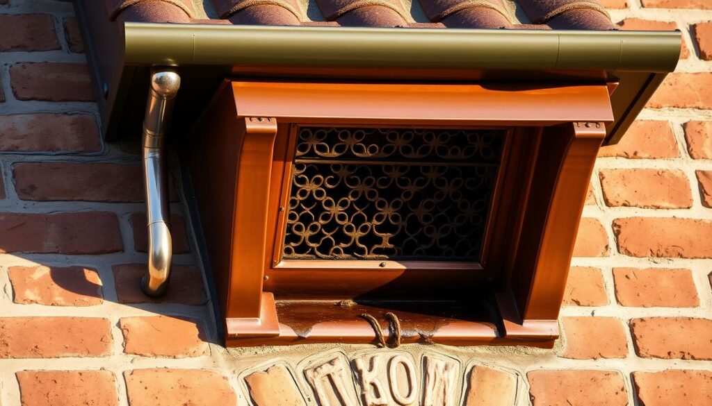 A well-maintained box gutter on an old brick facade, cast in warm afternoon sunlight. Intricate metal grating spans the opening, allowing water to flow freely while preventing debris buildup. Weathered copper patina glistens, complementing the textured masonry. The gutter's angled design directs rainfall efficiently, channeling it away from the building's foundation. A wide, shallow profile ensures optimal capacity, safeguarding against overflow during heavy storms. Carefully positioned downspouts flank the scene, their polished chrome finish gleaming. This proactive, meticulously-designed system exemplifies the importance of box gutter maintenance in preserving structural integrity over the years.
