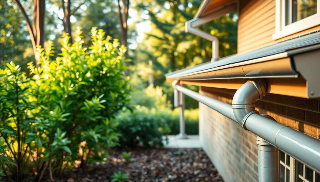 A well-maintained home exterior with a clean, functional gutter system. In the foreground, neatly aligned downspouts seamlessly channel rainwater away from the foundation. The middle ground showcases a series of wide, smooth gutters running along the roofline, capturing precipitation and directing it through a network of sturdy, corrosion-resistant pipes. In the background, a lush, verdant landscape provides a pleasant, natural backdrop, accentuating the importance of proper drainage for a healthy, thriving home environment. The scene is illuminated by warm, directional lighting, casting subtle shadows and highlights that enhance the detailed textures of the materials. The overall composition conveys a sense of order, efficiency, and environmental harmony.