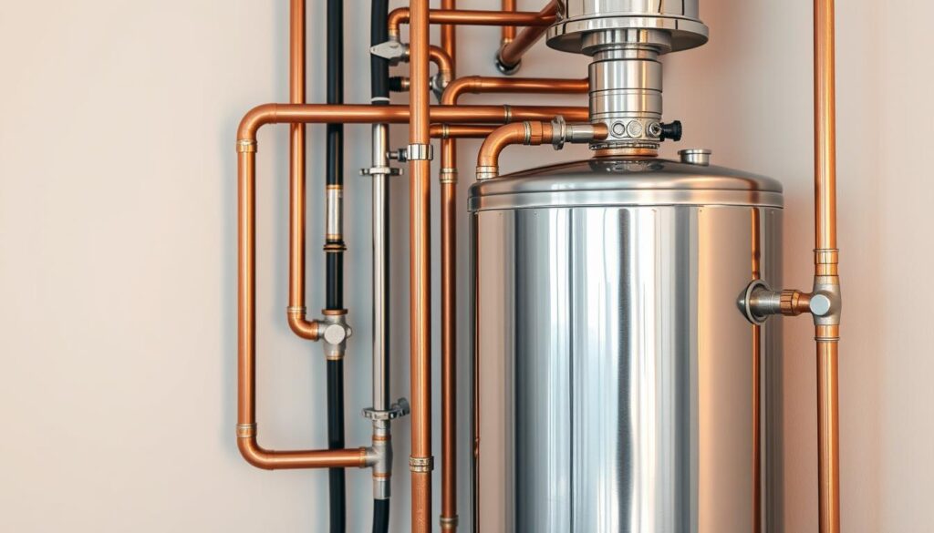 A well-maintained hot water service system, its inner workings visible through a cutaway view. Gleaming copper pipes and a stainless steel tank reflect a soft, warm lighting, conveying a sense of reliable efficiency. The system is nestled amidst a clean, minimalist background, emphasizing its importance as a essential home appliance. The image captures the intricate details of the water heater's components, from the thermostatic controls to the heating element, showcasing the engineering that ensures a steady, consistent flow of hot water.