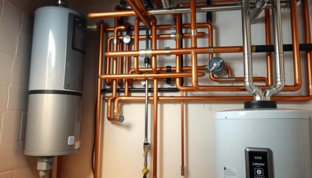 A well-maintained hot water system, with a modern tankless water heater prominently displayed in the foreground. The middle ground features a maze of copper pipes and valves, neatly organized and expertly installed. In the background, a clean, well-lit utility room sets the stage, conveying a sense of order and professionalism. The lighting is soft and even, casting a warm glow over the scene, highlighting the technical details and suggesting a well-functioning, reliable system. The overall atmosphere is one of efficiency, attention to detail, and a commitment to providing consistent, hot water for everyday household needs.