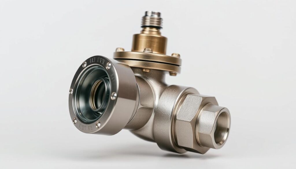 A well-maintained pressure relief valve with a chrome-plated body and a clear glass sight glass, set against a neutral background. The valve is positioned at an angle, allowing for a detailed view of its internal mechanisms and the fluid flow. Soft, diffused lighting illuminates the scene, creating a sense of technical professionalism. The overall impression is one of precision engineering and reliable functionality, suitable for illustrating a step-by-step maintenance guide.