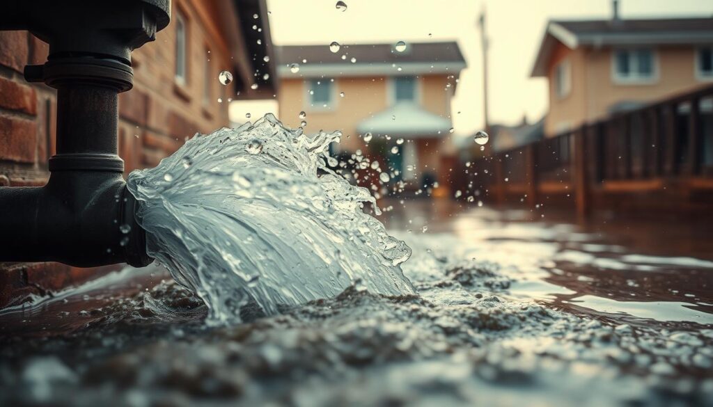 A wide-angle view of a burst water pipe spewing forth a gushing torrent of water, creating a chaotic scene of flooding. Droplets of water glisten in the soft, warm lighting, adding a sense of urgency and chaos. The foreground is dominated by the ruptured pipe, with water rushing out at high pressure, while the middle ground shows the surrounding area beginning to fill with water. The background fades into a blurred, domestic setting, hinting at the potential for widespread damage. The overall mood conveys a sense of emergency and the need for swift action to mitigate the situation.
