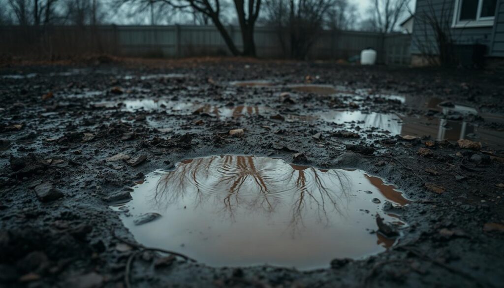 A yard overrun with a murky sewer overflow, the ground saturated with a foul liquid that seeps into the soil. Puddles of stagnant, discolored water dot the landscape, casting eerie reflections. The air hangs heavy with the stench of decay, a palpable reminder of the health hazards lurking within. In the foreground, a lone, ominous puddle reflects the grim reality, its surface roiling with unseen contaminants. The background fades into a hazy, muted palette, emphasizing the sense of dread and the need for immediate action. Captured through a wide-angle lens, this image conveys the urgency and gravity of the situation, a vivid depiction of the "affected area" in need of prompt cleanup and remediation.