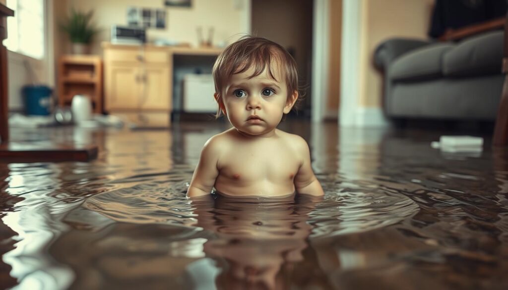 A young child standing in shallow water, expression filled with concern, as they await immediate assistance during a plumbing emergency. The scene is captured in a warm, natural lighting, shot from a low angle to convey the child's vulnerability. The middle ground features the water-damaged surroundings, with a sense of urgency and chaos. The background subtly hints at the larger home environment, suggesting the need for swift action to stabilize the situation and ensure the child's safety.