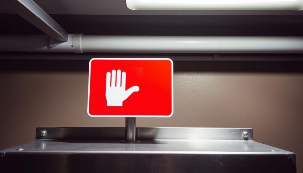An emergency sign in a well-lit, industrial environment. A bold, rectangular sign with a vivid red border and a clear, bold white symbol - a hand inside a square - stands out against a muted, neutral-toned background. The sign is mounted on a sturdy, metallic surface, casting subtle shadows that add depth and dimensionality. The lighting is bright and even, highlighting the sign's critical importance and drawing the viewer's attention. The overall atmosphere conveys a sense of order, safety, and preparedness, suitable for the section on "Emergency shutoff labelling" in the article.