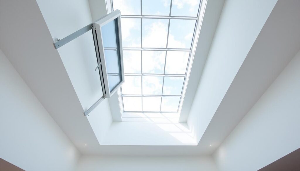 An expansive, well-lit skylight interior with two contrasting vented and fixed skylight designs. The vented skylight features a dynamic, automated opening mechanism that allows for natural airflow, while the fixed skylight offers a seamless, panoramic view of the sky above. Soft, natural light filters in through the skylights, casting subtle shadows and highlights across the clean, contemporary architectural space. The scene conveys a sense of tranquility and connection to the outdoors, hinting at the different maintenance requirements and performance characteristics of these distinct skylight types.