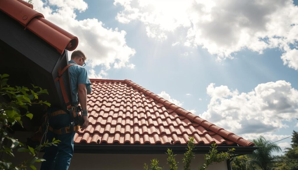 An exterior shot of a residential roof during a routine inspection, taken with a wide-angle lens to capture the full structure. The roof is made of terracotta tiles, with a gentle slope and prominent gables. A worker, wearing a safety harness, carefully examines the roof, inspecting for any signs of damage or wear. Sunlight filters through scattered clouds, casting a warm, natural illumination across the scene. The surrounding area is lush with greenery, hinting at a well-maintained property in a temperate climate. The overall mood conveys a sense of diligence and proactive maintenance, befitting the theme of preparing for seasonal storms and heavy rains.