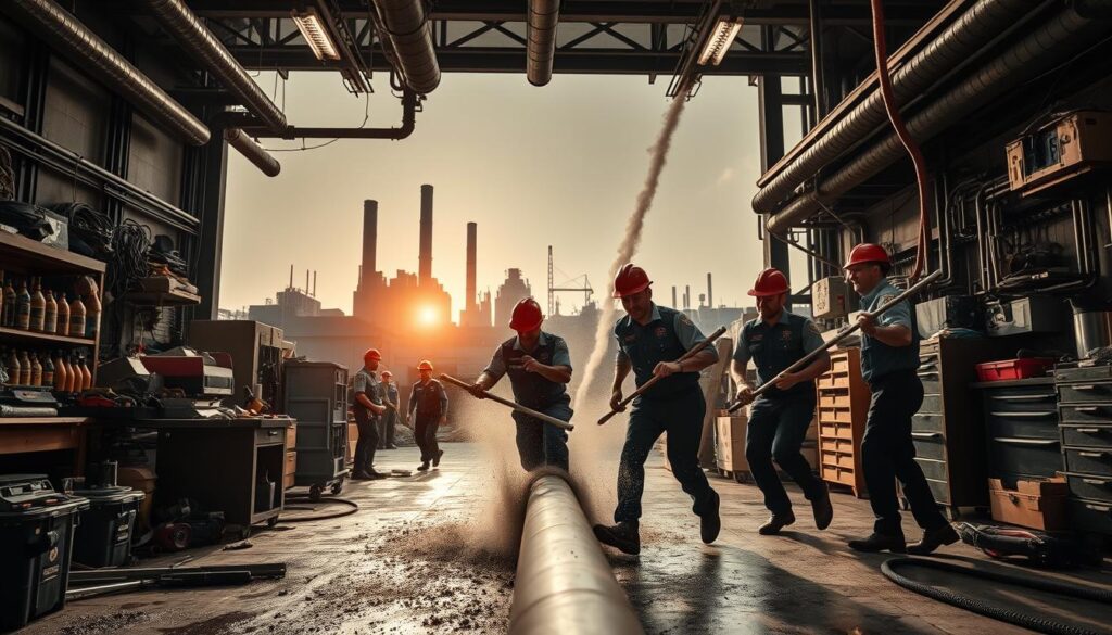 An industrial emergency plumbing scene, captured with a wide-angle lens and dramatic lighting. In the foreground, a team of plumbers in uniform are rushing to address a burst pipe, working with haste and precision. Behind them, a cluttered workshop filled with tools and equipment. In the background, the silhouettes of towering factory buildings, hinting at the larger industrial context. The scene conveys a sense of urgency and professionalism, with the plumbers taking charge of the situation and restoring order amidst the chaos. The overall mood is one of efficiency and problem-solving in the face of an unexpected challenge.