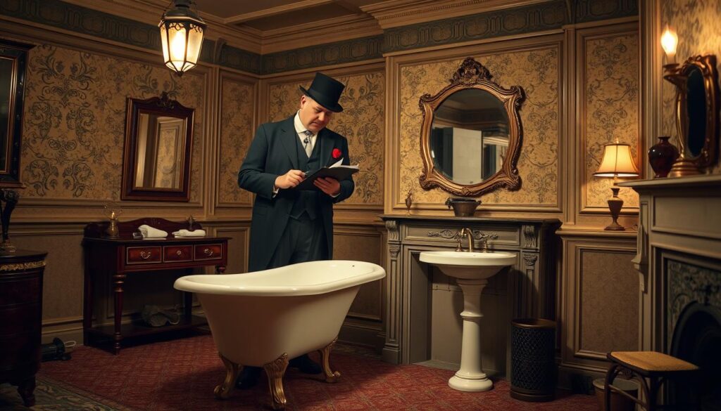 An office interior with a Victorian-era building inspector carefully examining the pipes and fixtures of a bathroom, illuminated by a single hanging gas lamp. The inspector, dressed in a three-piece suit and top hat, meticulously inspects the plumbing, taking notes on a small clipboard. In the middle ground, a large antique claw-foot bathtub and a pedestal sink stand as the focal points. The background is filled with period-accurate details, such as ornate moldings, a wooden vanity, and a decorative fireplace mantel. The overall atmosphere conveys a sense of authority, attention to detail, and the importance of ensuring plumbing compliance during emergency situations.