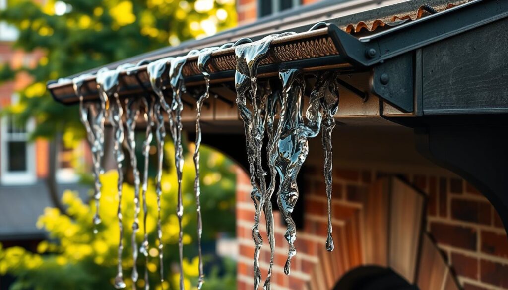 An ornate Victorian-era gutter overflowing with clear water, capturing the scene in a warm, soft-focus lens. In the foreground, the gutter's intricate cast-iron detailing glistens under the gentle afternoon light. Cascading water spills gracefully over the edges, creating a mesmerizing visual rhythm. In the middle ground, the gutter seamlessly transitions into the home's weathered brick facade, showcasing the harmonious integration of functional and architectural elements. The background features a verdant garden, adding a sense of lush organic life to the urban setting. The overall mood is one of timeless elegance and the reliable functionality of a well-designed overflow system.