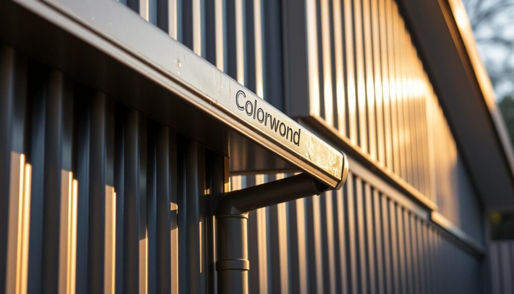 Colorbond steel facade in a Melbourne backyard, bathed in warm afternoon light. A close-up view showcases the material's sleek, durable finish, with subtle textures and reflections capturing the changing weather conditions. The fascia and gutter system are prominently featured, their seamless integration highlighting the performance and weatherproofing capabilities of the steel construction. Subtle shadows and highlights accentuate the precision engineering, creating a sense of quality and reliability. The overall scene conveys the real-world resilience of this product in the challenging Australian climate.