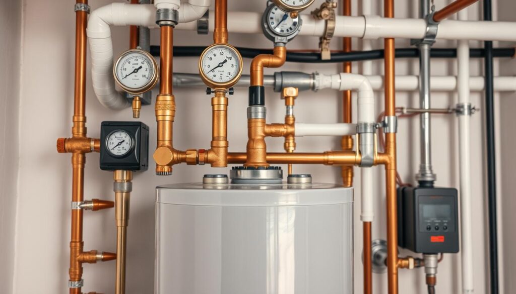 Detailed high-resolution image of a modern hot water system, showcasing its various components. The foreground features a central water heater tank, surrounded by copper pipes, pressure valves, and gauges. The middle ground includes insulated water lines, circulation pumps, and safety switches. The background depicts the system's integration with the home's plumbing infrastructure, with exposed pipes and fittings. The lighting is bright and evenly distributed, capturing the technical details and functional aspects of the hot water system. The overall mood is one of efficient, well-engineered home appliances ready for emergency diagnostics and repairs.