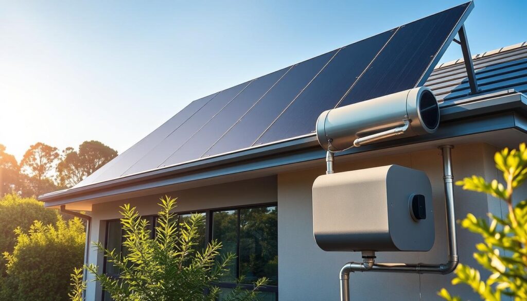 Detailed solar hot water system in a modern Melbourne home. A large, sleek solar thermal panel array on the roof, with pipes and tubes visible leading to a compact storage tank. Sunlight shining on the panels, with a warm, hazy, golden-hour lighting effect. The system is integrated seamlessly into the home's architecture, with clean, contemporary lines. The surrounding landscape includes lush greenery and a clear blue sky, conveying a sense of sustainability and renewable energy. The overall scene exudes a feeling of efficient, eco-friendly heating for the home.