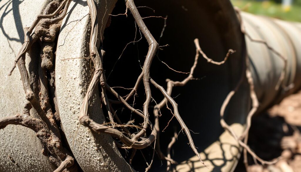 High-resolution macro photograph of a section of concrete or PVC drainage pipe, partially obstructed by twisted, protruding tree roots. The roots are dark brown in color, with fine, fibrous tendrils snaking through crevices and along the pipe's surface. Bright, natural sunlight illuminates the scene, casting sharp shadows that accentuate the texture and form of the roots. The pipe's material appears worn, with cracks and weathering visible. The background is blurred, creating a narrow depth of field that focuses the viewer's attention on the intricate details of the roots invading the pipe.