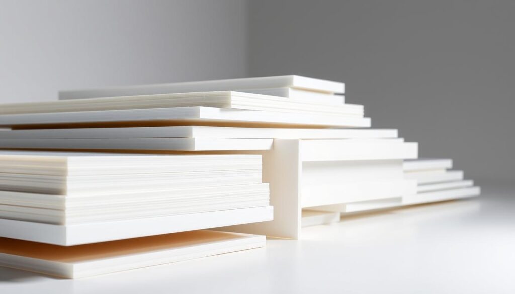 Highly detailed and realistic image of high density polyethylene (HDPE) sheets in various sizes and thicknesses, arranged in a well-lit studio setting. The sheets are pristine and uniform, with a smooth, glossy surface that reflects the lighting beautifully. The camera captures the sheets from a low angle, emphasizing their rigid, durable appearance. The background is plain and neutral, allowing the HDPE sheets to be the central focus. Subtle highlights and shadows accentuate the depth and texture of the material, showcasing its physical properties. The overall mood is professional and technical, suitable for an informative article on construction materials.