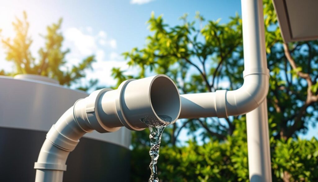 Pipes to inlet: a detailed, photorealistic image of a section of gutter system connected to a rainwater tank. Foreground shows close-up view of downpipe elbow joint seamlessly feeding into the tank's inlet port, with water visibly flowing through the pipes. Middleground depicts the tank's exterior, sleek and modern design in neutral tones. Background includes lush greenery, overhanging foliage, and a clear blue sky with realistic lighting casting natural shadows. Convey a sense of functionality, efficiency, and environmental harmony. High-resolution, 4K, DSLR-quality, sharp focus throughout, cinematic composition.
