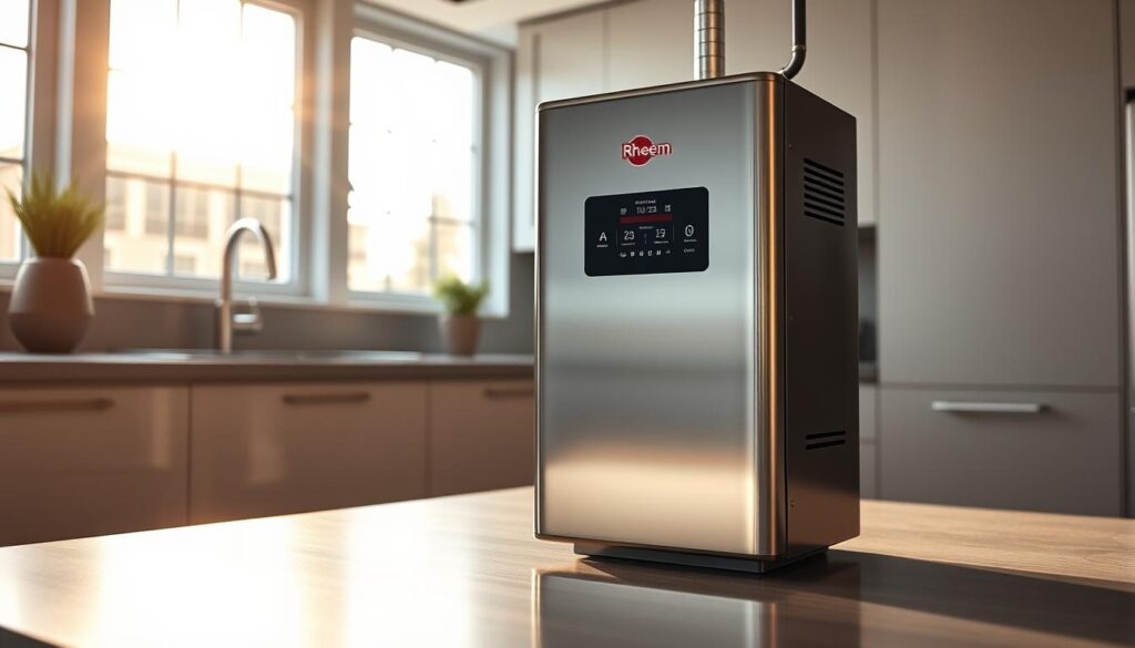 Rheem hot water system, sleek and modern design, standing prominently in a minimalist kitchen setting. Soft natural lighting filters through large windows, casting a warm, inviting glow. The stainless steel appliance gleams, its clean lines and compact form complementing the contemporary cabinetry and countertops. Subtle reflections on the surface add depth and visual interest. The overall atmosphere conveys efficiency, reliability, and a touch of sophistication - qualities that exemplify the Rheem brand. A close-up, eye-level angle showcases the unit's key features, allowing the viewer to appreciate its impressive technological capabilities and suitability for the modern home.
