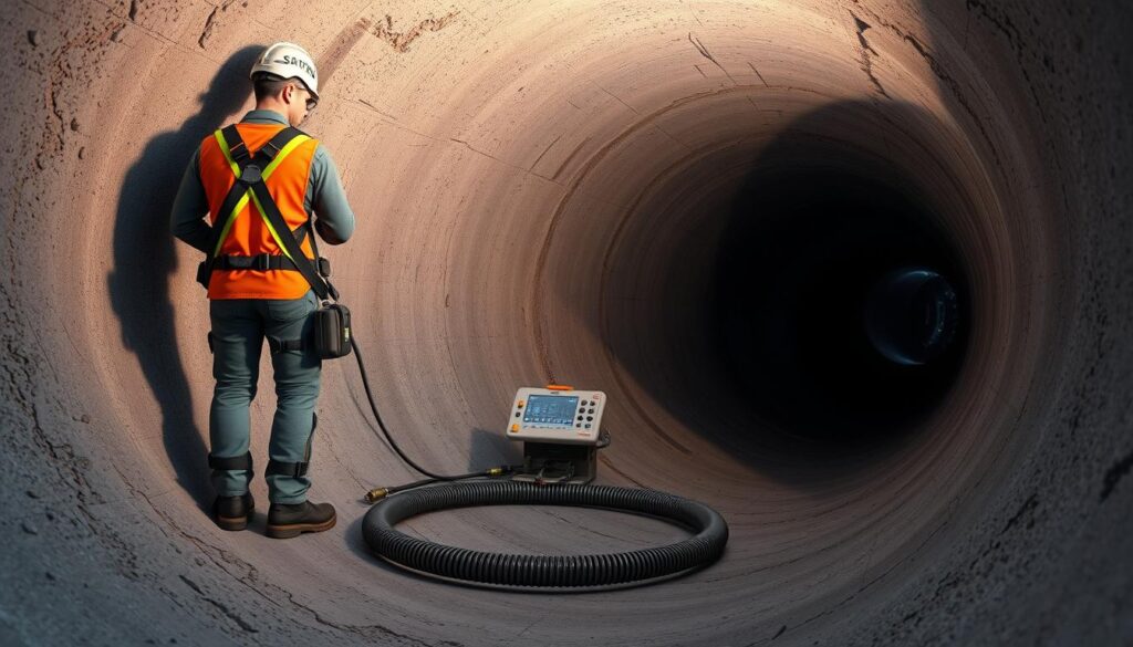 Sewer drain inspection: a high-resolution, 3D-rendered scene depicting a detailed view of a concrete sewer pipe, with a technician wearing a safety harness and carrying a CCTV camera system, inspecting the interior of the drain. The scene is illuminated by a combination of ambient and directional lighting, casting shadows that highlight the intricate textures and features of the pipe. The middle ground showcases the technician's equipment, including a high-pressure jetting hose and a control panel, while the background features a partially visible underground infrastructure, suggesting the larger context of the sewer network. The overall atmosphere conveys a sense of meticulous examination and technical expertise required for this specialized task.
