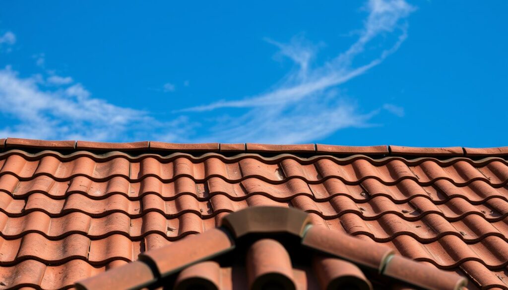 Tiles of terracotta, weathered and worn, arranged in an orderly grid pattern. Sunlight casts long shadows, highlighting the textured surface and subtle variations in hue. The tiles are set against a cloudless azure sky, with a few wispy cirrus clouds drifting overhead. In the foreground, a well-maintained roof ridge, its dark silhouette creating a striking contrast. The overall scene conveys a sense of stability, durability, and timeless craftsmanship, reflecting the careful installation practices needed to prevent water intrusion on a tiled roof.