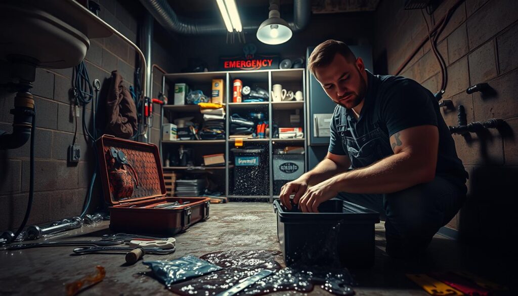 Urgent repairs: a dimly lit plumbing workshop, with a sink overflowing and a faucet dripping water. In the foreground, a plumber in overalls, crouched over an open toolbox, surrounded by scattered wrenches and pipes. The middle ground features a cluttered shelving unit, stocked with spare parts and emergency supplies. Dramatic shadows cast by the single overhead light create a sense of urgency, while the muted color palette and grungy textures convey the grittiness of a 24/7 emergency response. The camera angle is low, emphasizing the plumber's focused expression as they work to swiftly resolve the crisis.