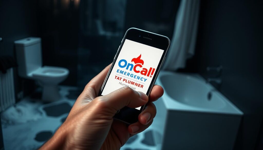 Vivid close-up of a phone in hand, calling an emergency plumber service, with a flooded bathroom visible in the background. The phone is held in a natural, urgent pose, showcasing the OnCall Emergency Plumbers logo prominently. The bathroom in the background is dimly lit, with water pooling on the floor and steam rising, conveying a sense of urgency and crisis. The lighting is dramatic, casting shadows and highlights to emphasize the tension of the situation. The overall composition is balanced, with the phone in the foreground and the bathroom setting providing context, creating a visually compelling and impactful image.