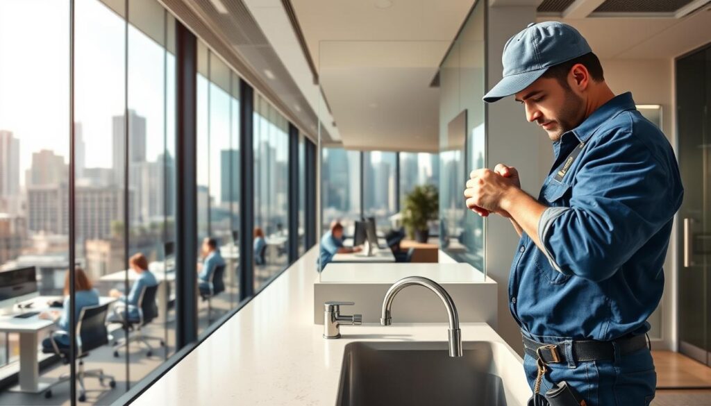 a commercial office building in melbourne, australia, with a plumber in a blue uniform standing in the foreground, examining a sink or faucet with a wrench in hand, conveying a sense of urgency and professionalism to address an emergency plumbing issue; the middle ground shows the interior of the building, with people working at desks and computers, highlighting the importance of a quick and efficient plumbing repair to maintain business operations; the background features the city skyline of melbourne, with skyscrapers and landmarks visible, establishing the commercial context; the lighting is bright and natural, creating a sense of clarity and focus on the plumber's task; the camera angle is slightly low, emphasizing the plumber's expertise and the building's dependence on their services.