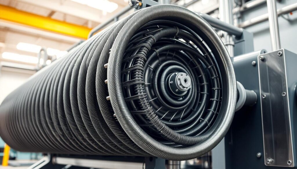 a complex, intricate heat exchanger device, featuring a series of coiled metal tubes and fins, designed to efficiently transfer heat between two or more fluids. the device is situated in a brightly lit, industrial environment, with a sense of engineering precision and functionality. the composition showcases the heat exchanger from an oblique angle, emphasizing its three-dimensional structure and the interplay of light and shadow across its metallic surfaces. the background is softly blurred, placing the focus on the technical details and mechanical elegance of the heat exchanger itself.