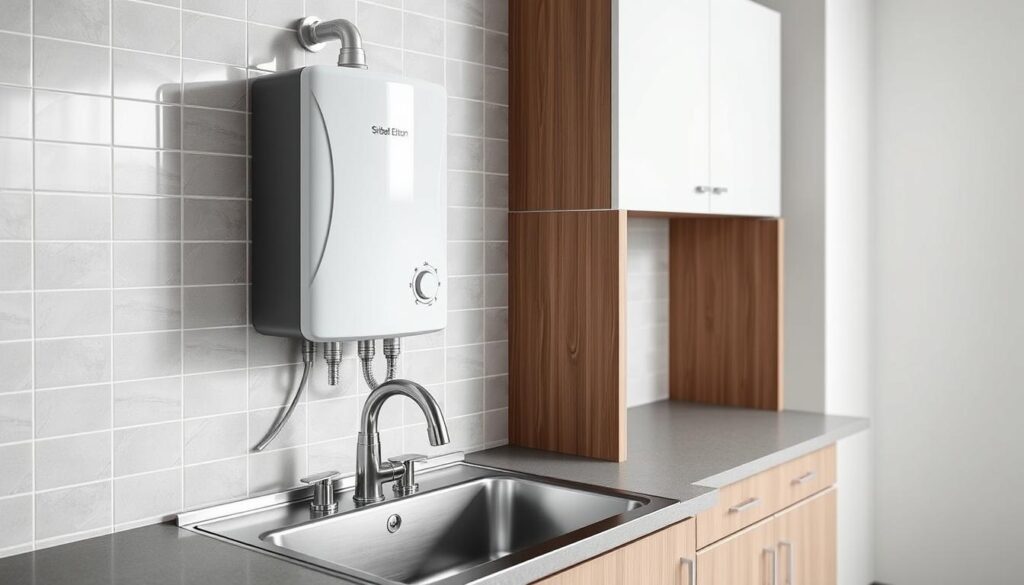 a detailed, high-quality, photorealistic image of a water heater installation in a sink setting, featuring a modern, energy-efficient Stiebel Eltron water heater mounted on the wall above a sleek, stainless steel sink. The water heater is shown in the foreground, with the sink and surrounding cabinetry in the middle ground, and the tiled wall and floor in the background. The lighting is natural and evenly distributed, creating a bright, clean atmosphere. The scene is captured at a slightly elevated angle, providing a clear view of the installation process and the various components involved. The overall composition emphasizes the integration of the water heater into the kitchen or bathroom setting, showcasing its functional and aesthetic appeal.