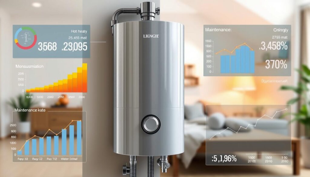 a detailed illustration of hot water system running costs, depicting a modern household water heater unit in the foreground, surrounded by informative graphs and charts displaying energy consumption, utility bills, and maintenance expenses over time, set against a softly blurred background showcasing a comfortable domestic interior with warm lighting and a sense of financial planning