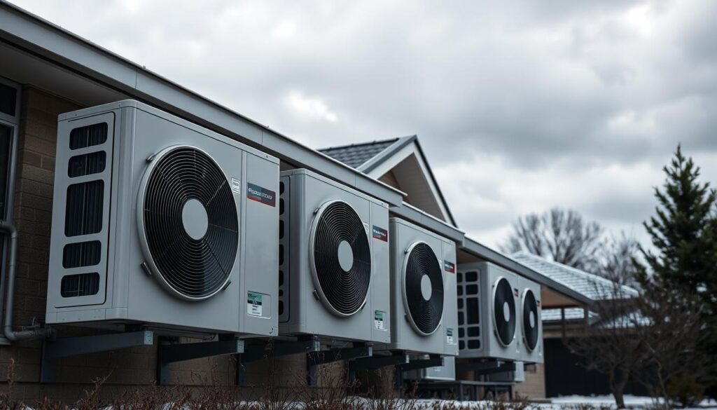 a highly detailed photorealistic image of multiple modern heat pumps installed on the exterior of a residential home, set against a backdrop of a cloudy, cold winter day in Melbourne, Australia. The heat pumps are the central focus, depicted with precise engineering details, sleek and efficient designs, and prominently displayed. The foreground showcases the heat pumps in crisp, clear detail, while the middle ground includes the home's exterior and landscaping elements like trees or shrubs. The background features a grey, overcast sky typical of a Melbourne winter, creating a moody, atmospheric setting that emphasizes the need for effective heating solutions. The lighting is natural and evocative, highlighting the heat pumps' functional features. The overall scene conveys a sense of technical prowess, energy efficiency, and the challenges of maintaining optimal performance in cold weather conditions.