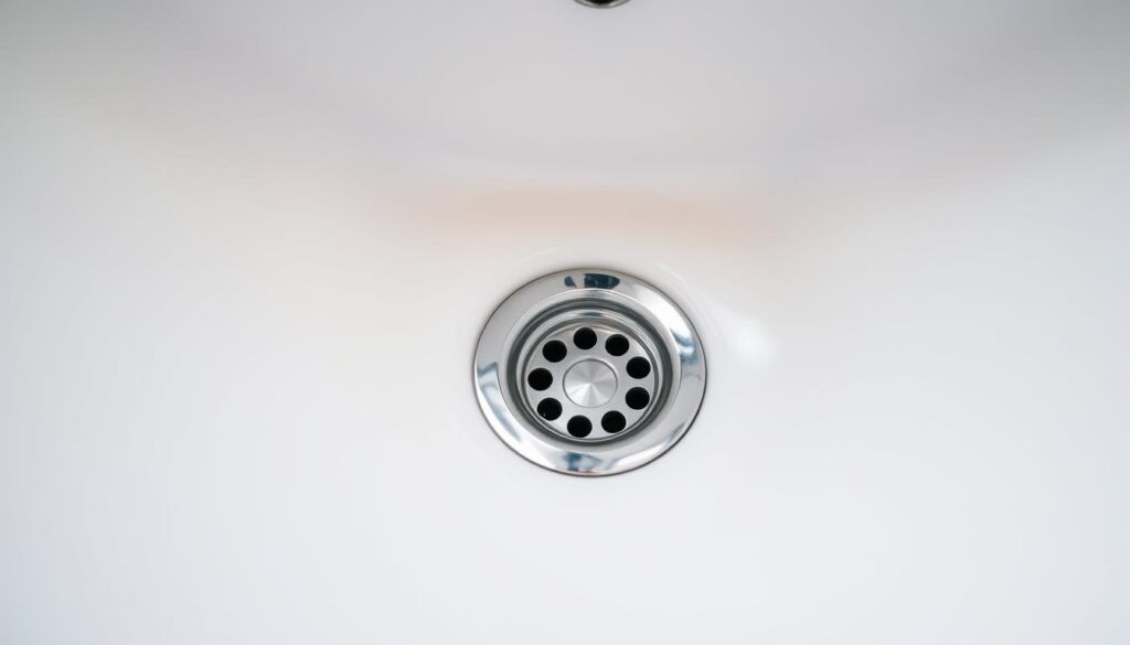 a pristine bathroom sink with a shiny chrome drain, close-up view, low angle, soft lighting, clean and minimalist design, natural textures, reflection of the sink basin in the drain, no clutter or obstructions, simple and calming atmosphere, highlighting the importance of a well-maintained drain for a tidy and functional bathroom